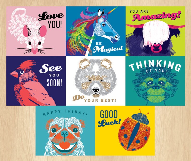 May include: Nine colorful cards with different animal illustrations and positive messages. The cards feature a mouse, unicorn, highland cow, cardinal, panda, monkey, pug, and ladybug. The messages include "Love You!", "Be Magical", "You Are Amazing!", "See You Soon!", "Do Your Best!", "Thinking Of You!", "Happy Friday!", and "Good Luck!"
