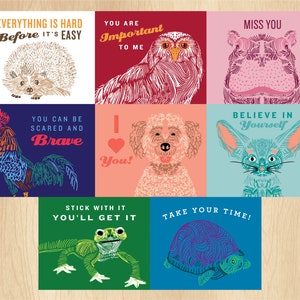 May include: Nine colorful cards with inspirational messages and animal illustrations. The cards feature a hedgehog, owl, hippopotamus, rooster, poodle, fennec fox, lizard, and turtle. The messages include "Everything is hard before it's easy", "You are important to me", "Miss you", "You can be scared and brave", "I love you", "Believe in yourself", "Stick with it you'll get it", and "Take your time!"