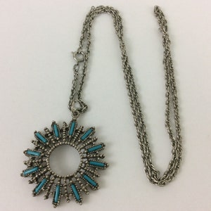 Vintage Zuni Style Sunburst Starburst Faux Turquoise Pendant w/ Chain Necklace