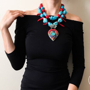 Tibetan Necklace Dohna, Coral and Turquoise Jewelry