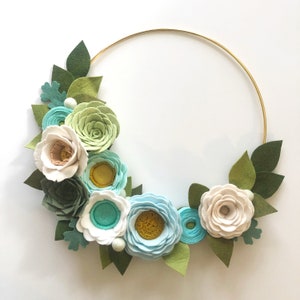 MODERN WREATH // Felt Flower Wreath // Floral Wreath // Gold Hoop Wreath // Roses + Succulents // Aqua + Mint + Icicle Blue + Julep