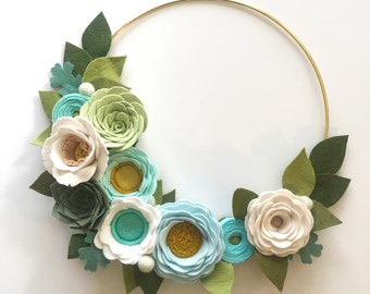 MODERN WREATH // Felt Flower Wreath // Floral Wreath // Gold Hoop Wreath // Roses + Succulents // Aqua + Mint + Icicle Blue + Julep