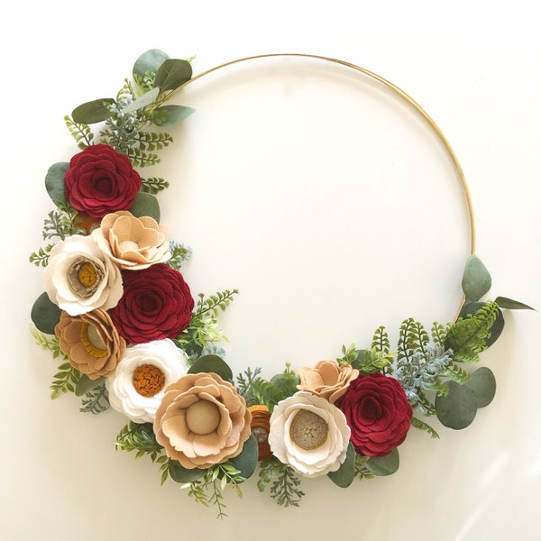 RED + NEUTRAL WREATH // Felt Flower Wreath // Floral Wreath // Floral Nursery Decor // Gold Hoop Wreath // Modern Wreath // Fall Wreath