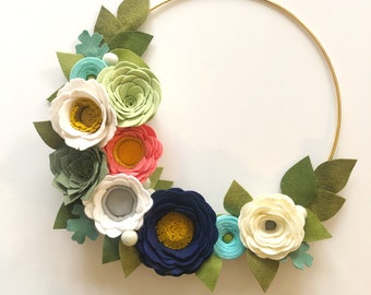 MODERN WREATH // Felt Flower Wreath // Floral Wreath // Gold Hoop Wreath // Roses + Succulents // Coral + Navy + Aqua + Gray