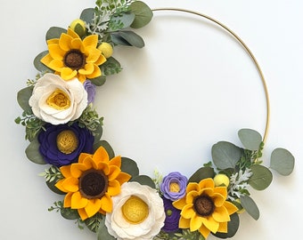 SUNFLOWER + PURPLE WREATH // Modern Wreath // Hoop Wreath // Farmhouse Decor // Gold Hoop Wreath // Nursery Decor // Wall Decor // Garland