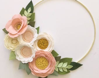 BLUSH MODERN WREATH // Felt Flower Wreath // Floral Wreath // Gold Hoop Wreath // Nursery Decor // Ivory + White + Linen + Blush