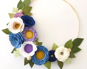 FELT FLOWER WREATH // Floral Wreath // Blue Wreath // Purple Wreath // Hoop Wreath // Gold Hoop Wreath // Modern Wreath // Nursery Decor