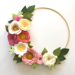 MODERN WREATH // Felt Flower Wreath // Gold Hoop Wreath // Wall Art // Nursery Decor // Pink Wreath // Pink + Coral + Linen + Yellow