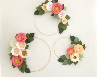 MODERN WREATH SET // Coral + Peach Wreath Set // Hoop Wreath Set // Nursery Decor // Wall Decor // Felt Flower Wreath // Floral Wreath Set