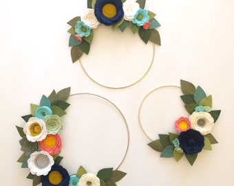 HOOP WREATH SET // Felt Flower Wreath Set // Hoop Wreath // Gold Hoop Wreath // Modern Wreath // Nursery Decor // Navy + Coral + Aqua