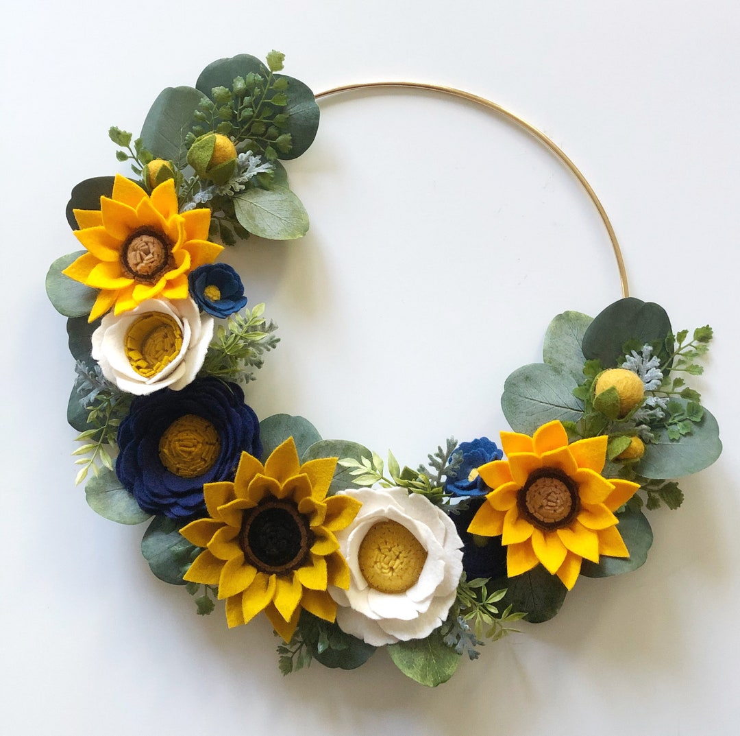 SUNFLOWER BLUE WREATH // Felt Flower Wreath // Gold Hoop Wreath ...