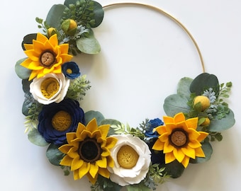 SUNFLOWER + BLUE WREATH // Felt Flower Wreath // Gold Hoop Wreath // Farmhouse Wreath // Hoop Wreath // Floral Nursery Decor