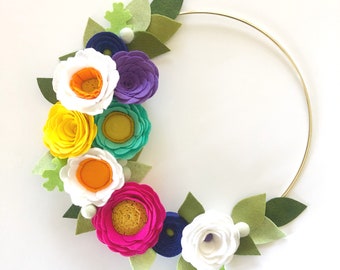 RAINBOW WREATH // Felt Flower Wreath // Gold Hoop Wreath // Modern Wreath // Nursery Decor // Unicorn Wreath // Floral Wreath