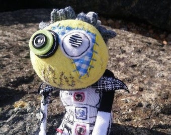 Textile Art Doll #451 Weird Squirly Scarface Punk Teen Gift Ornamental Shelf Buddy