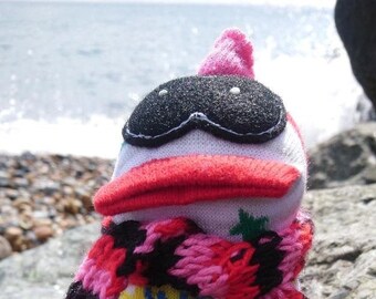 Textile Art Doll #397 Weird Punk Sock Creature Shelf Buddy Bird - 'Jnr Super Hero'