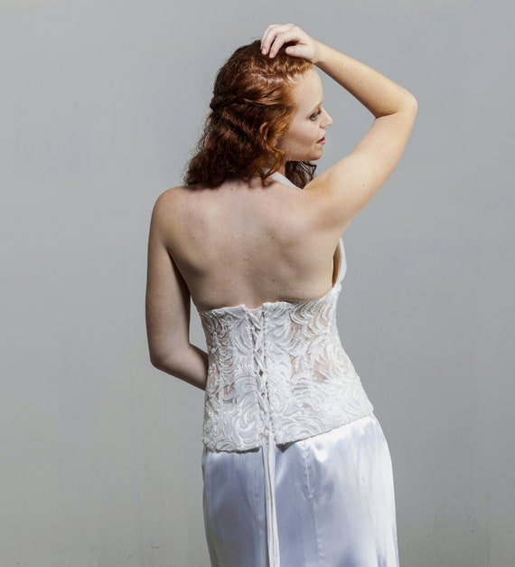White Bustier, Embroidered, Beaded French, Medium… - image 6