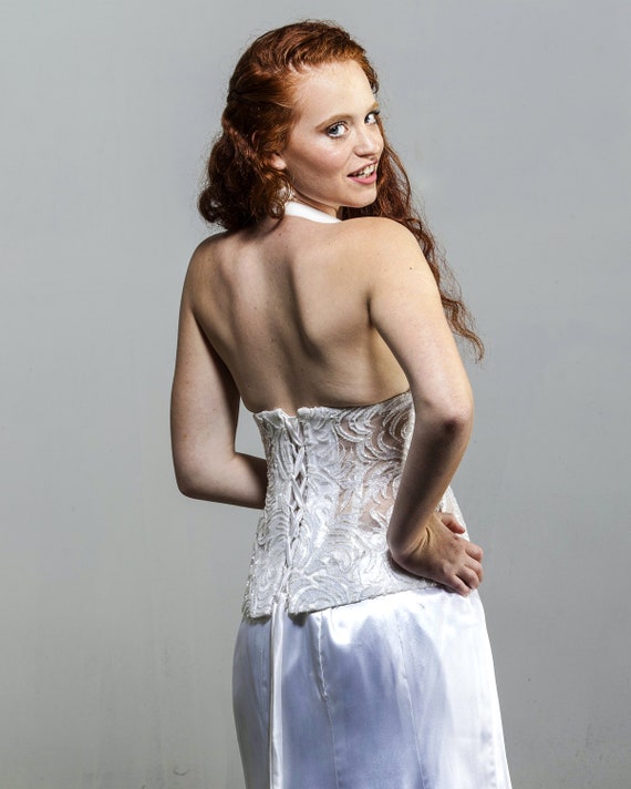 White Bustier, Embroidered, Beaded French, Medium… - image 5