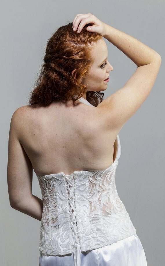 White Bustier, Embroidered, Beaded French, Medium… - image 3