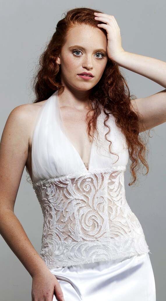 White Bustier, Embroidered, Beaded French, Medium… - image 4