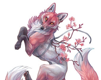 Könnte beinhalten: Ein rosa-weißer Fuchs mit neun flauschigen Schwänzen, der auf seinen Hinterbeinen steht. Der Fuchs hat orange Augen und ist mit einem Zweig rosa Kirschblüten geschmückt.