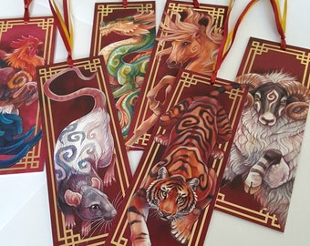 Chinese zodiac bookmark with ribbon and gold foil: year of the rat, ox, tiger, rabbit, dragon, snake, horse, ram, monkey, rooster, dog, pig