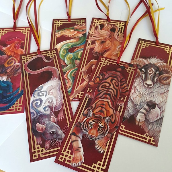 Chinese zodiac bookmark with ribbon and gold foil: year of the rat, ox, tiger, rabbit, dragon, snake, horse, ram, monkey, rooster, dog, pig