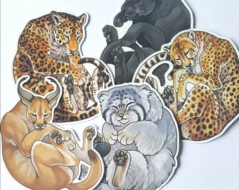 Vol.2 Sleepy big cat sticker pack - 5 vinyl animal stickers