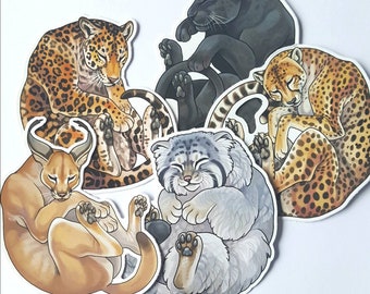 Puede incluir: Cinco pegatinas de animales coloridos que representan un pantera negra, un guepardo, un caracal, un lince rojo y un lince. Las pegatinas están todas en posición de dormir enroscada.