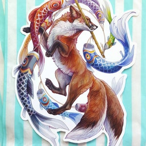 May include: A colorful illustration of a fox holding a bamboo pole with colorful carp streamers attached. The fox is surrounded by more carp streamers in various colors and designs.