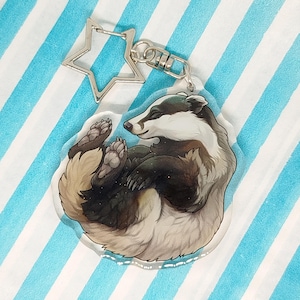 May include: A clear acrylic keychain featuring a cartoon badger in shades of black, white, and brown, lying on its back. The keychain has a silver star-shaped clasp and a silver ring. The background has blue and white stripes.