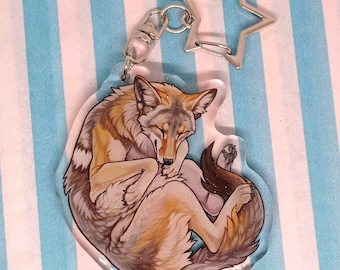 Pode incluir: Um chaveiro de acrílico transparente com uma ilustração detalhada de um coiote dormindo com pelo marrom, cinza e branco. O chaveiro tem um charme em forma de estrela prateada preso a uma corrente prateada.