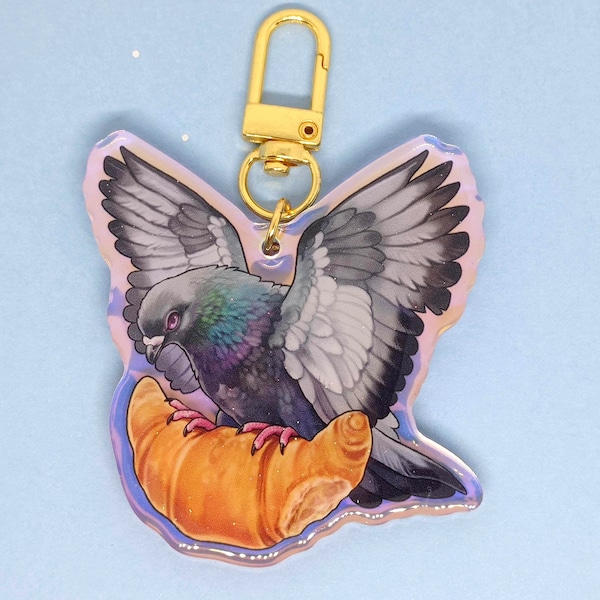 Croissant pigeon holographic acrylic keyring