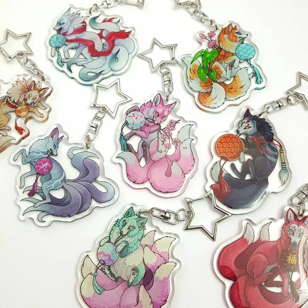 Fox Festival Glitter Acrylic Keyring - 8 Different Kitsune