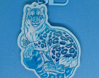 Llavero acrílico con diseño de leopardo de las nieves y granizado de frambuesa azul
