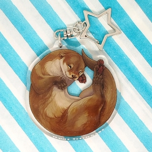 Może przedstawiać: Przezroczysty akrylowy brelok z ilustracją śpiącej wydry. Wydra jest przedstawiona w odcieniach brązu i beżu, zwinięta w kulkę. Brelok ma srebrny urok w kształcie gwiazdy i metalowe zapięcie.