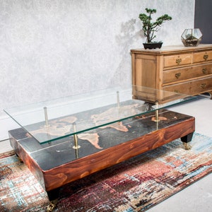 Antique Styled Distressed World Map Coffee Table with Glass Top image 1