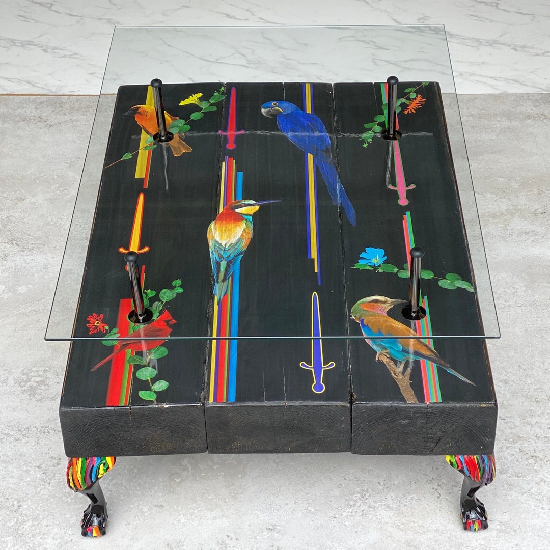 Colourful Bird Paint Drip Coffee Table With Glass Top Etsy
