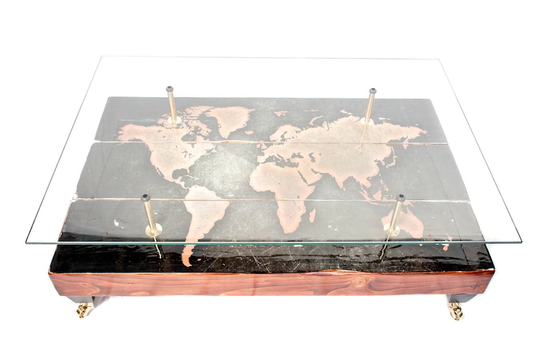 Antique Styled Distressed World Map Coffee Table with Glass Top image 5