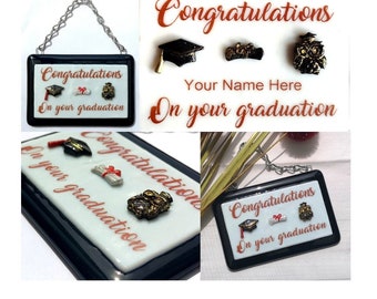 Handmade Fused Glass Congratulations On Your Graduation Hanging Picture Decoration - Present - Personalised Name Gift For Graduate - Degree