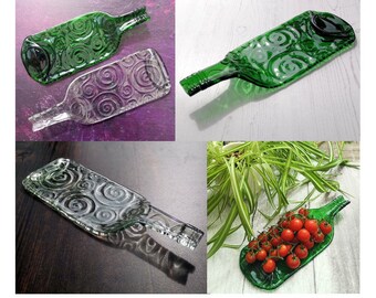 Handmade Fused Glass Recycled Wine Bottle Plate or Spatula Shape With Raised Neck Handle & Spiral Pattern - Bottle Serving Platter Eco Gift