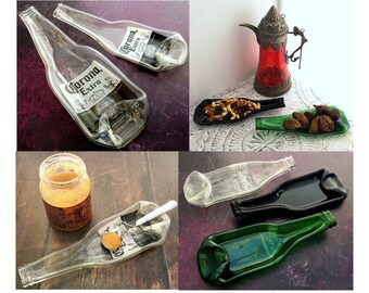 Handgemachte geschmolzenes Glas recycelte Bier / Cola Flasche Teller zerdrückt zusammengesunkene Flasche Servierplatte Zero Waste Geschenk zurückgefordert Upcycled Löffel Rest