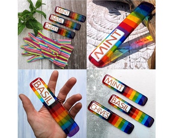 Handmade Fused Glass Rainbow Striped Plant Name Label / Marker / Plant Stake / Vegetable Herb Garden - Permanent letters, won't fade or rot