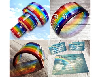 Handgefertigte Regenbogen-Glasbrücke - Personalisiertes Haustier-Denkmal - Anpassbarer 3D-Name & Pfotenabdruck - Auswahl der Geschenkkarte, Gedicht für den Verlust von Haustieren