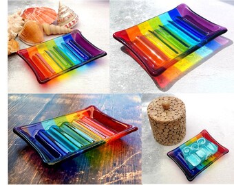 Handmade Fused Glass Rainbow Striped Soap Dish - Colourful Glass - Rainbow Decor - Brightly Coloured Rainbow Gift Multicoloured Soap Holder