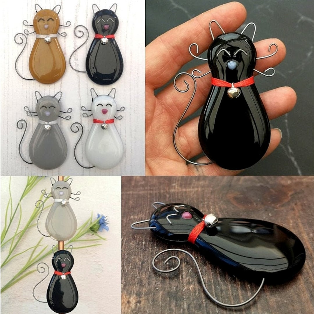 Handmade Fused Glass Cat Fridge Magnet With Cat Bell - Cat Gift - Gift ...