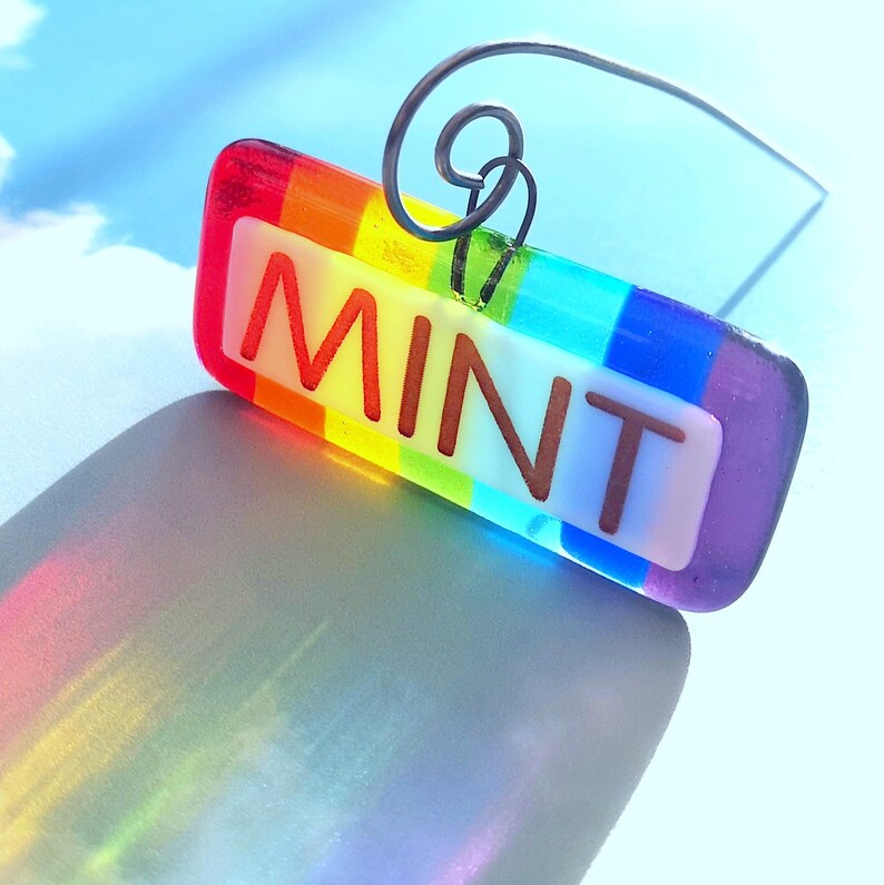 Handmade fused glass personalised hanging plant label. Colourful plant marker. Rainbow garden plant stake. Herb, vegetable, flower, fruit name. Gift for the interior designer.