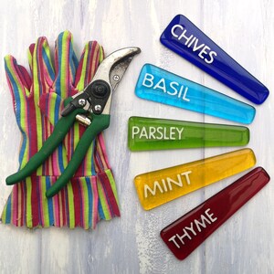 Handmade fused glass personalised plant label. Colourful plant marker. Rainbow garden plant stake. Herb, vegetable, flower, fruit name. Gift for the new homeowner. Gift for plant parent.