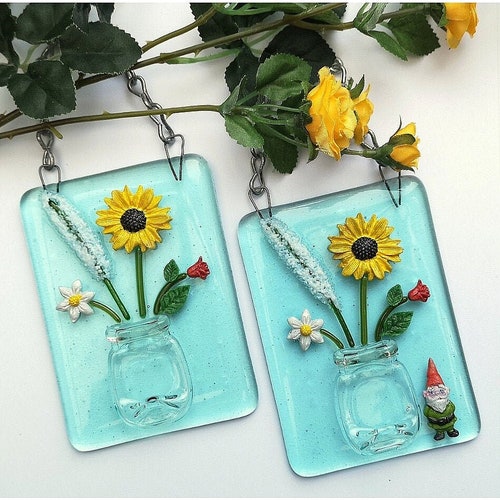 Fleurs en verre fusionné 3D faites à la main dans un vase, photo suspendue / attrape-soleil - Décoration florale - Ornement - Art mural floral - Cadeau photo de jardin
