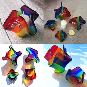 Handgemaakte gesmolten glas regenboog theelichthouder - 3D-pootafdruk - gepersonaliseerde naam - gedenkteken - cadeaukaart keuze, gedicht voor verlies huisdier