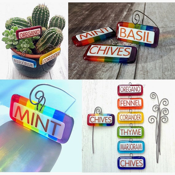 Handmade Fused Glass Vegetable Herb Garden Plant Name Label / Marker / Plant Stake / Garden Ornament - Permanent letters, won't fade or rot